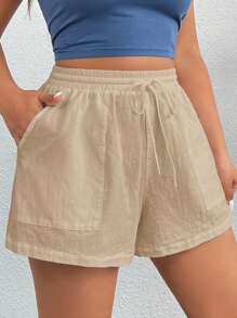 SHEIN EZwear 大码女式梭织运动休闲短裤 夏季女式休闲短裤 - 杏色 - 查看 3