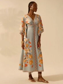 CAJUNI 女士波西米亚风热带花卉印花深 V 领荷叶边袖连衣裙，度假休闲夏季连衣裙 - 彩色 - 查看 7