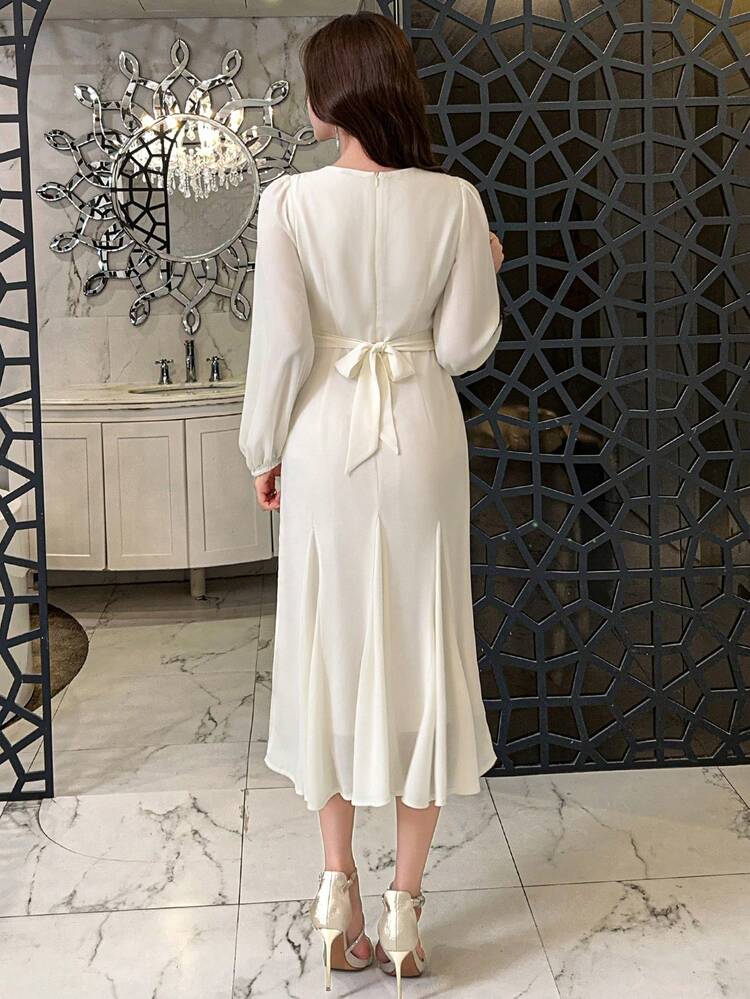 Solid Color V-Neck Lantern Sleeve Mermaid Midi Dress For Women,Dress For Wedding,Fall Dress Long Sleeve Dress