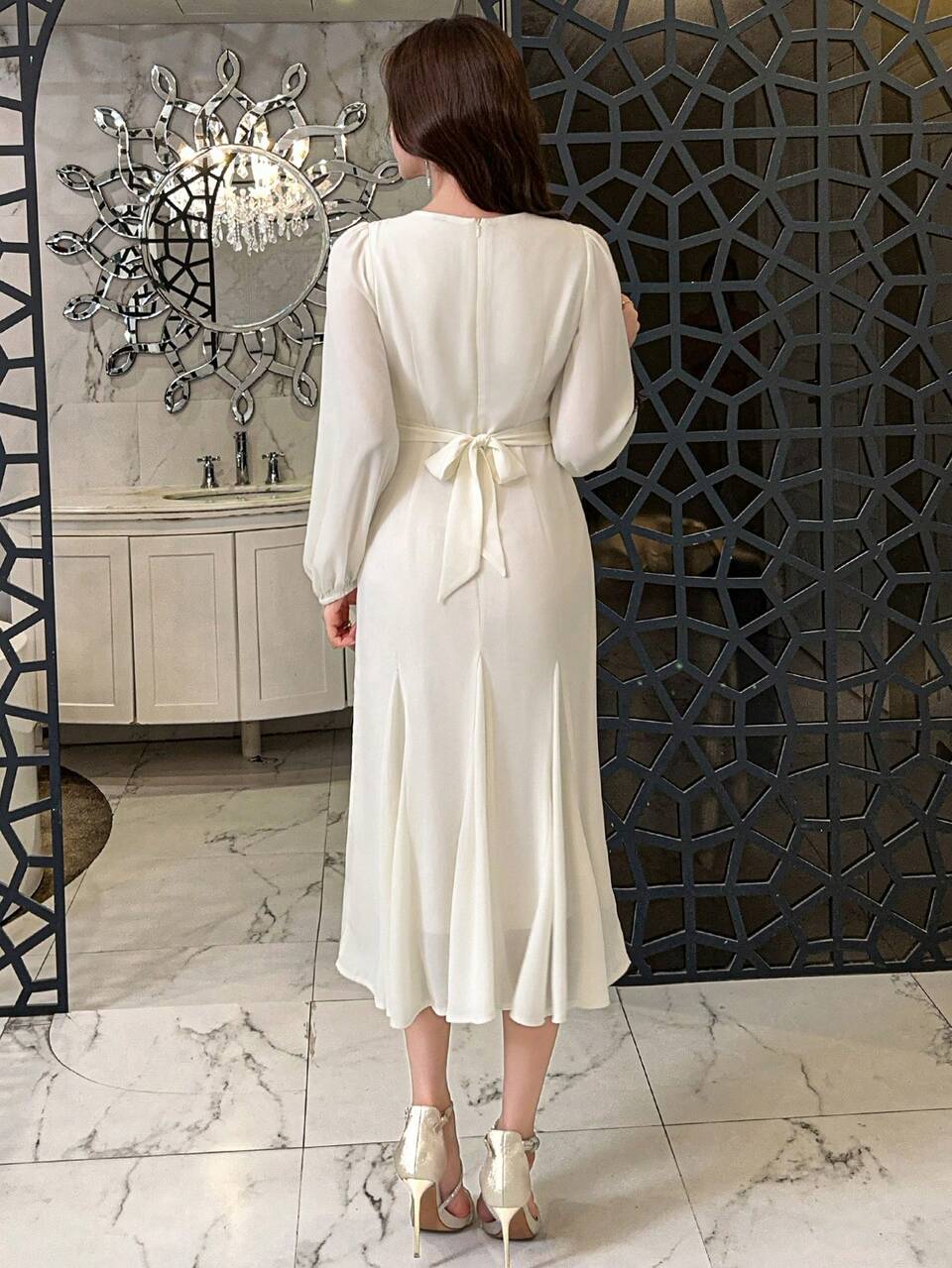 Solid Color V-Neck Lantern Sleeve Mermaid Midi Dress For Women,Dress For Wedding,Fall Dress Long Sleeve Dress