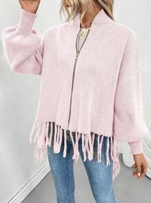 SHEIN LUNE Cardigan casual feminino com zíper frontal de cor sólida, minimalista e moderno para uso diário - Baby Rosa - Ver 6