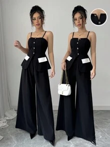 Rafferiza 2pcs Women's Resort Sexy Commuting Elegant Casual And Office Outfit Black And White Contrast Button Camisole And Wide Leg Pants Set