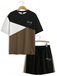 Manfinity CasualCool Men's Contrast Color Letter Print Short Sleeve T-Shirt & Shorts Set - Multicolor - View 4