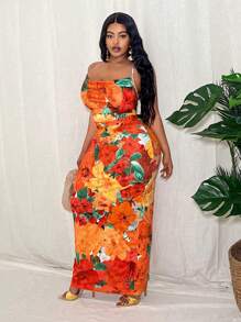 Slaydiva 情人节、圣诞节、新年橙色花卉印花修身弹力休闲优雅细肩带大码女式长裙 - 橘色 - 查看 7