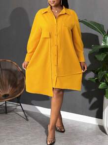 Slaydiva Vestido camisero mini asimétrico elegante de corte evasé de talla grande en color amarillo para Año Nuevo 2024. Adecuado para primavera y otoño, para uso diario, fiestas y citas.