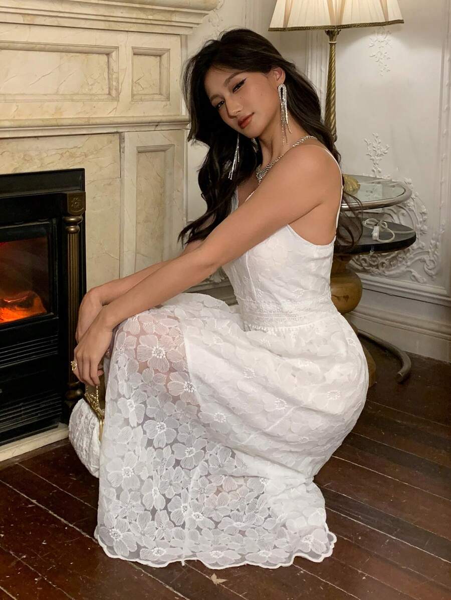 DAZY Váy midi ren mỏng jacquard dây mảnh cho tiệc tùng, hẹn hò, dịp đặc biệt, váy dạ hội, váy suông trang trọng cho nữ - Màu be - Xem 1