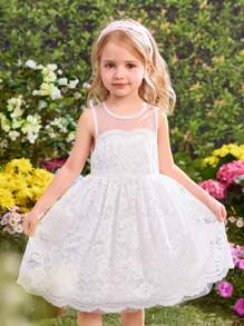 SHEIN Váy yếm ren trắng đáng yêu cho bé gái tuổi teen, mùa hè - trắng - Xem 6