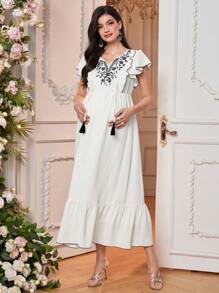 SHEIN Maternity White Floral Embroidered Dress, Simple Stylish Casual Everyday Wear - White - View 3