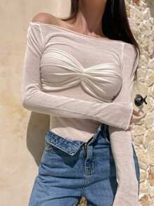 DAZY 1 Pc Women Off-Shoulder Pleated Front Flare Sleeve Tight Sheer Knit Sweater Vacation Outfits Women - White - View 5