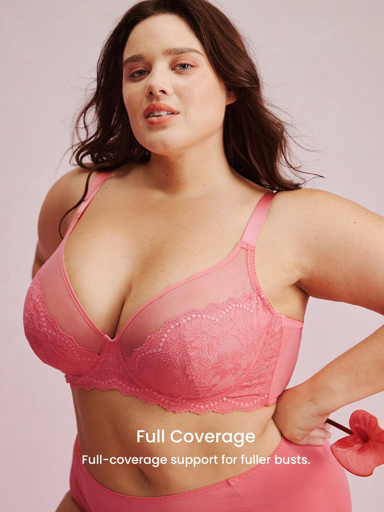 Damen Große Größen Lingerie Lounge Kurve transparente Volldeckung mit Unterstützung & atmungsaktiv Unterbügel Sexy ungepolsterter Minimizer Spitze Eleganz & Mesh rosa BH Braut Wäsche