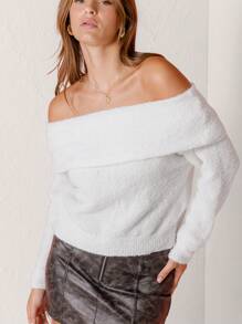 Aralina Cosy Off-Shoulder White Knit Holiday Sweater - White - View 4