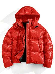 Manfinity RebelGame Chaqueta con capucha casual de unicolor con cremallera brillante, estilo collar, invierno para hombre