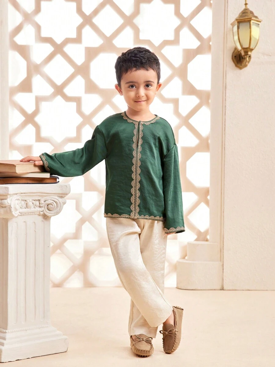 Young Boy Plain Color Block Long Sleeve Casual Top And Pants Set - Dark Green - View 1