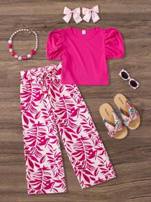 SHEIN 少女纯色圆领短上衣和印花编织长裤 2 件套