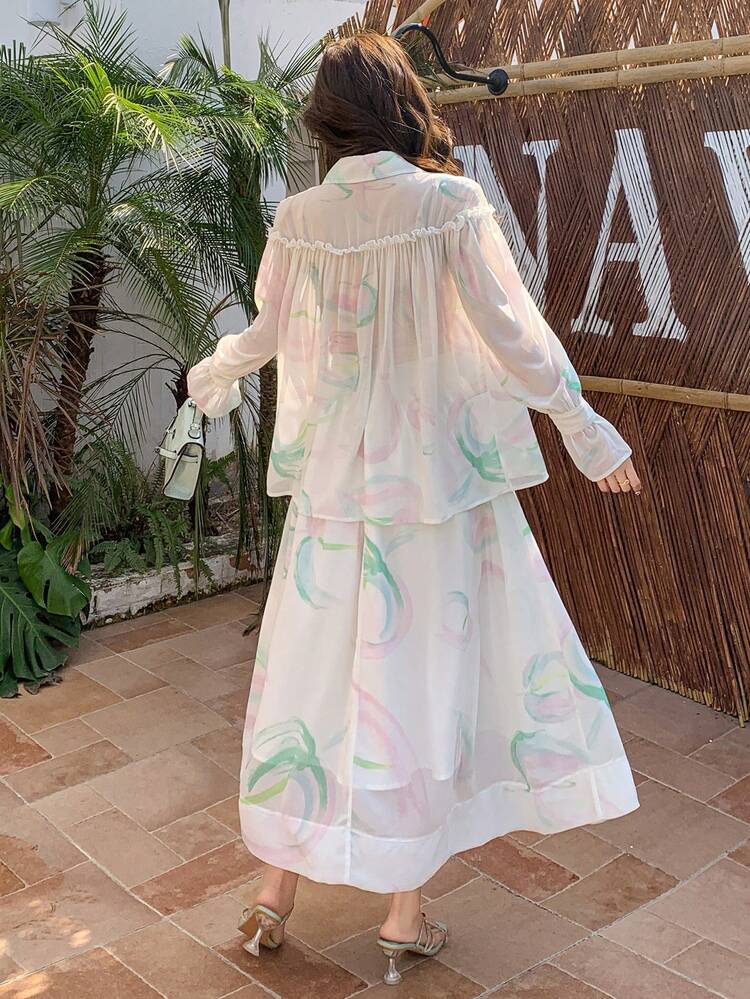 2pcs/Set Ladies Floral Print Shirt With Ruffle Sleeve And Pleated Skirt,Fall Women Clothes