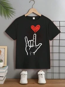 Tween Boy Valentine's Day Casual Simple Hand & Heart Print Basic Crew Neck Short Sleeve T-Shirt - Black - View 3