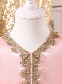 SHEIN Ramadanowa sukienka dla dziewczynki, niemowlęcia, malucha, 0-3 lat, klasyczna, elegancka, konserwatywna, pałacowa, w stylu kryształowym, satynowa, 3D, złota, koronkowa, dekolt w serek, długie rękawy