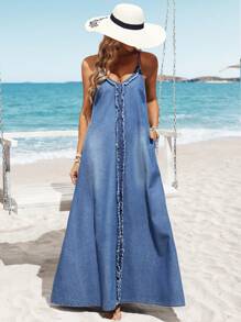 Breezaya Vestido vaquero casual largo y suelto con flecos para mujer - Azul - Ver 4