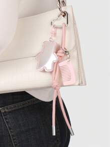 ROMWE Kawaii 1pc Cute & Adorned Pink Mini Comb With Bear Design, Glass Mirror, Pink Leather Cord, DIY Heart Shaped Keychain, Suitable For Girls & Women As Everyday Accessory Or Gift - Pink - View 2