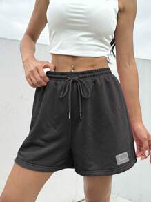 SHEIN EZwear Summer Loose Casual Pink Drawstring Waist Patch Detail Sports Shorts - Grey - View 6
