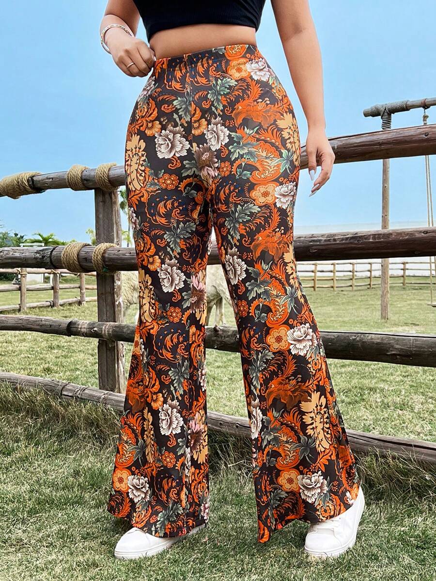Flirla Plus Size Floral Print Flare Pants, Casual Holiday Style Fall Cloth For Women