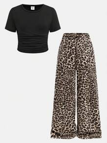 SHEIN Girlism Tween Girl Solid Knit Crew Neck Short Sleeve Top And Leopard Print Wide Leg Pants Set - Black - View 12
