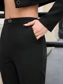BizChic 女式两件套西装，长袖纯色衬衫和裤子 - 黑色 - 查看 6
