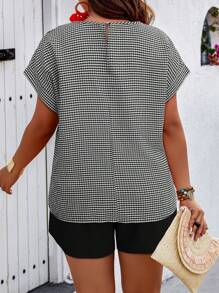 Breezaya Plus Size Women Plaid Pattern Bat Sleeve Crew Neck Top And Shorts 2 Pieces Set - Black - View 2