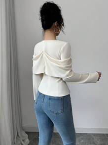 Rafferiza Elegant French Style Butterfly Decor Waisted Loose Soft Blouse,Cream White Long Sleeve Top For Tea Party,Autumn Daily Versatile Luxurious Apparel - Apricot - View 2