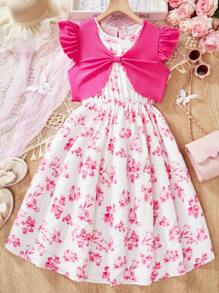 Set de 2 piezas: Vestido floral con decoración de lazo y blusa de manga corta para niñas preadolescentes, estilo campestre, conjunto para primavera/verano y vacaciones