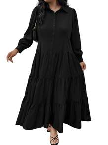 SHEIN Plus Size Ruffle Trim Button Front Shirt Dress Fall Cloth For Women - Black - View 5