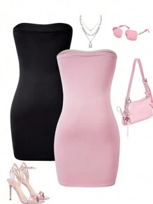 SHEIN Multi-Piece Tube Pink Dress For Teen Girls - Multicolor - View 2