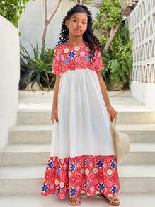 Tween Girls' Vacation Casual Ditsy Floral Patchwork Round Neck Short Sleeve Dress - Multicolor - View 6