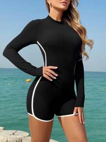 Swim SPRTY Summer Women's One-Piece Rash Guard With Snake Skin Pattern And Drawstring, Tight-Fitting Beach & Surfing Activewear, White, Long Sleeve - Black - View 2