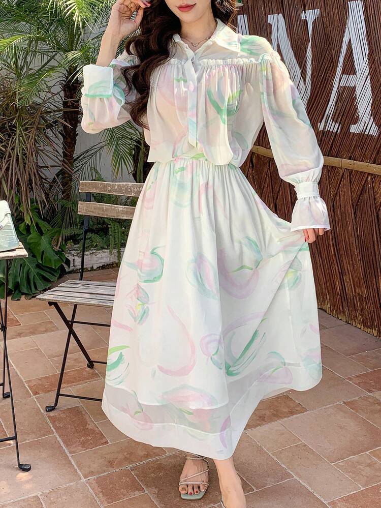 2pcs/Set Ladies Floral Print Shirt With Ruffle Sleeve And Pleated Skirt,Fall Women Clothes