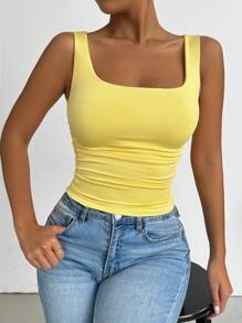 Chiquease Casual Solid Color Ruched Fitted Tank Top, Square Neck Tops, Tight Tops, Fitted Tops