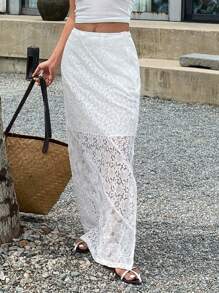 DAZY Contrast Lace Stitching Slit Skirt, Casual Holiday Summer Women Skirt,Fall Clothes
