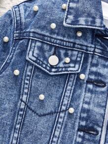 SHEIN Long Sleeve Single-Breasted Pearl Embroidered Denim Jacket For Young Girls, School, Campus, College - Dark Wash - View 3
