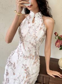 EastFlair 女士旗袍领长裙，3D花卉工艺