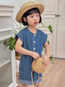 DAZY 年轻女孩蝙蝠印花短袖纽扣休闲牛仔连体裤