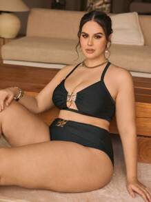 SHEIN X Sofía Suescun Swim Chiccia Plus Size Metallic Starfish Decor Adjustable Strap Swimwear Set, Suitable For Summer Beach - Black - View 4