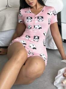 女士可爱熊猫心形印花睡衣 - 彩色 - 查看 4