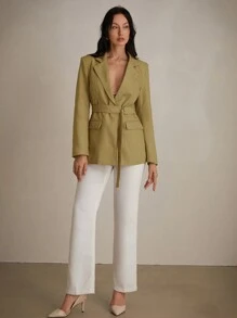 Aveloria Modichic Blazer de negocios de estilo francés sencillo y elegante con cinturón en la cintura y mangas largas, adecuado como uniforme de maestros y ropa de trabajo - Amarillo - Ver 3
