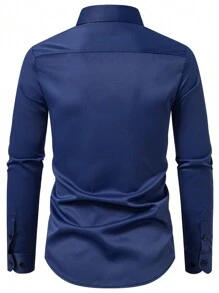 Manfinity Mode Men Casual Solid Color Simple & Fashionable Everyday Shirt, For Fall, Long Sleeve Top - Navy Blue - View 2