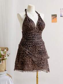 Soleia Robe dos nu à imprimé léopard et fleur pour femmes grande taille, idéale pour les vacances, la remise des diplômes, la rentrée, la saison d'automne