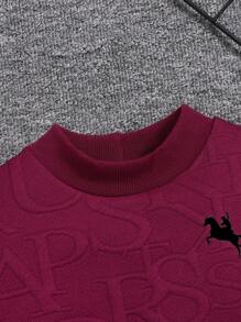 年轻男孩休闲字母和跑马图案高领运动衫，适合秋冬季 - 酒紅色 - 查看 3