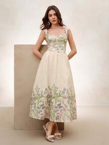 Anewsta Elegantes Maxikleid mit Jacquard Blume Muster, geeignet für Neujahr, Valentinstag, Urlaub, Sommerdates, Frühlings-/Sommeroutfits für Frauen