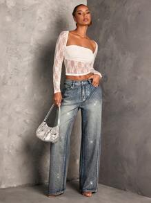 SHEIN BAE Women's Rhinestone Embellished Straight Leg Blue Jeans - Medium Wash - View 5