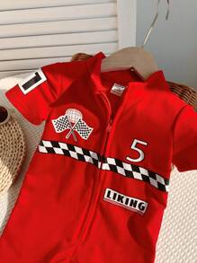 SHEIN Baby Boy/Girl Letter Pattern Soft Knit Short Sleeve Romper & Shorts Set - Red - View 3