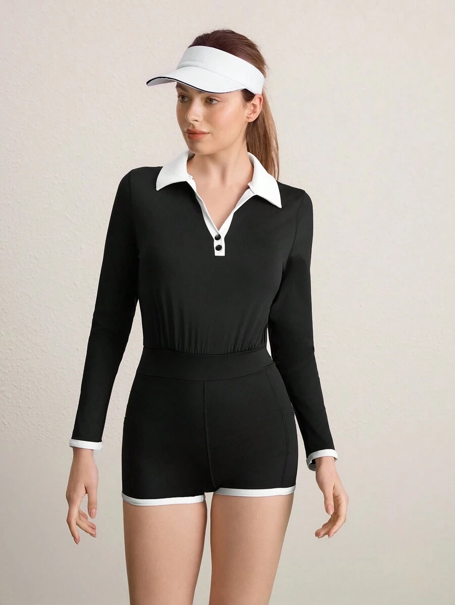 CourtClass Women's Solid Color Splice Button Up Long Sleeve Casual Jumpsuit - Black - View 1